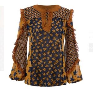 CABI Floral Patterned Blouse with Ruffle Details